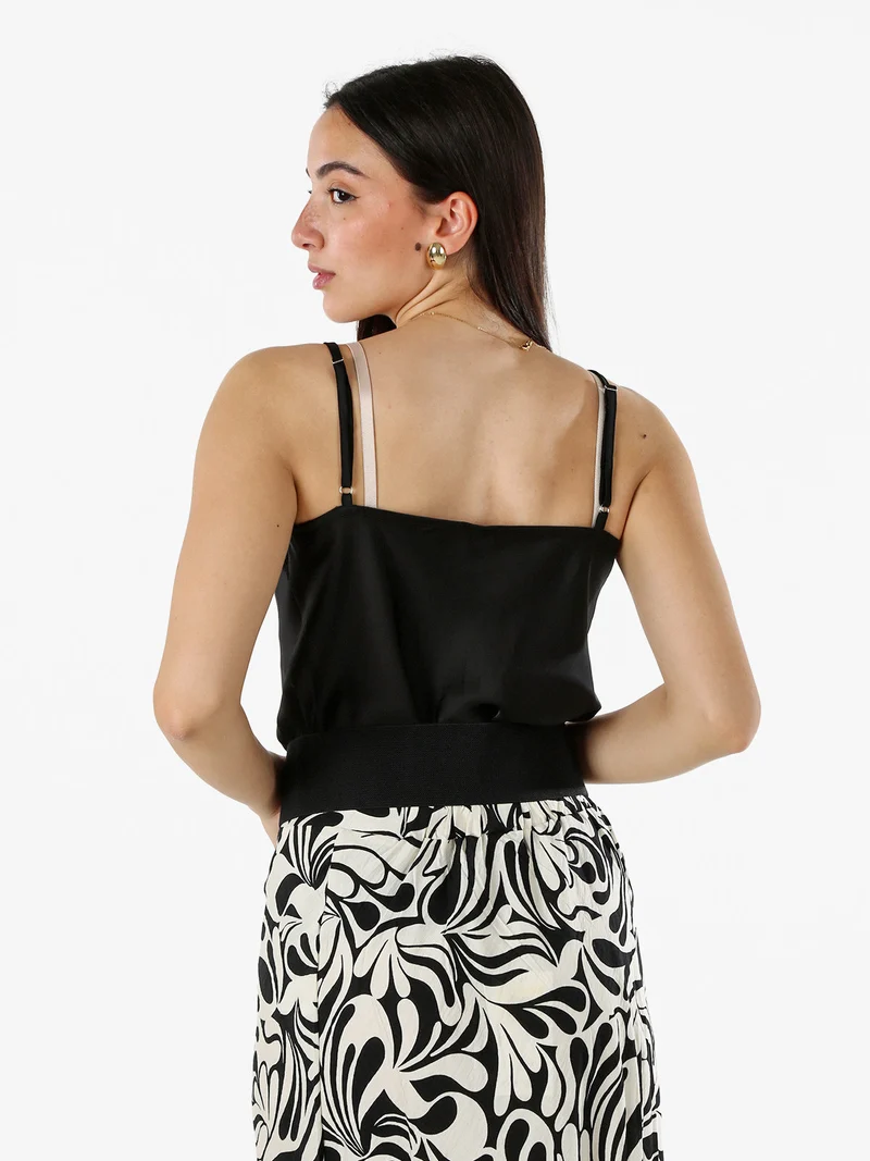 Top donna effetto raso con scollo in pizzo e spalline strette - nero