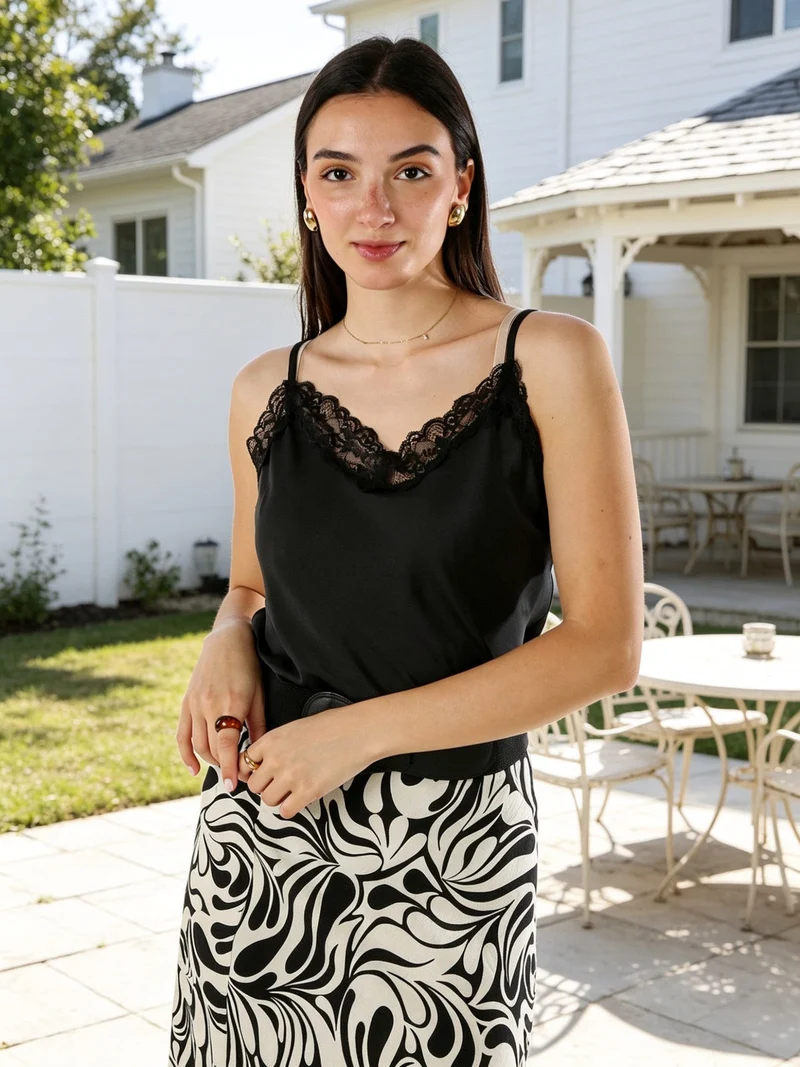 Top donna effetto raso con scollo in pizzo e spalline strette - nero