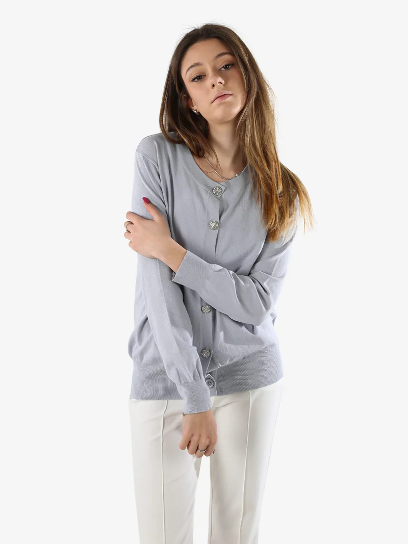 Cardigan donna in maglia con bottoni gioiello - grigio chiaro