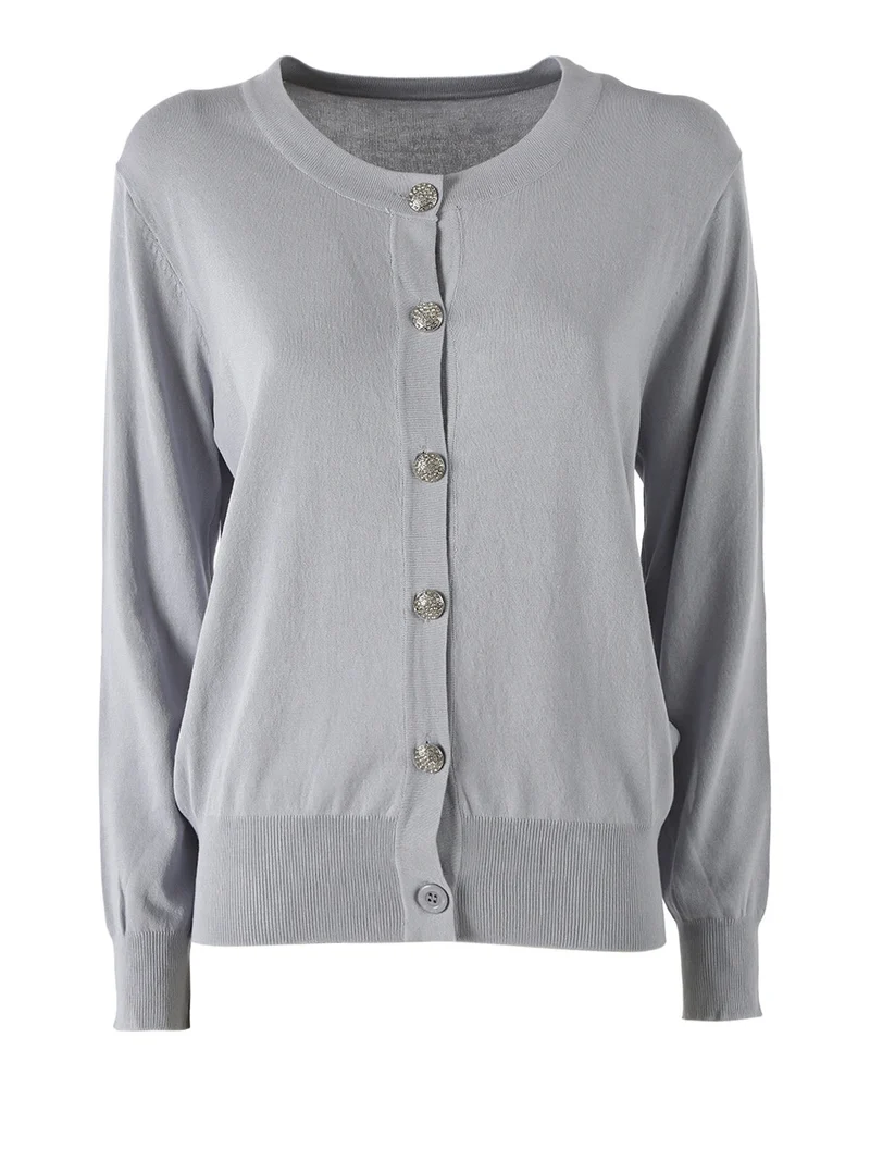 Cardigan donna in maglia con bottoni gioiello - grigio chiaro