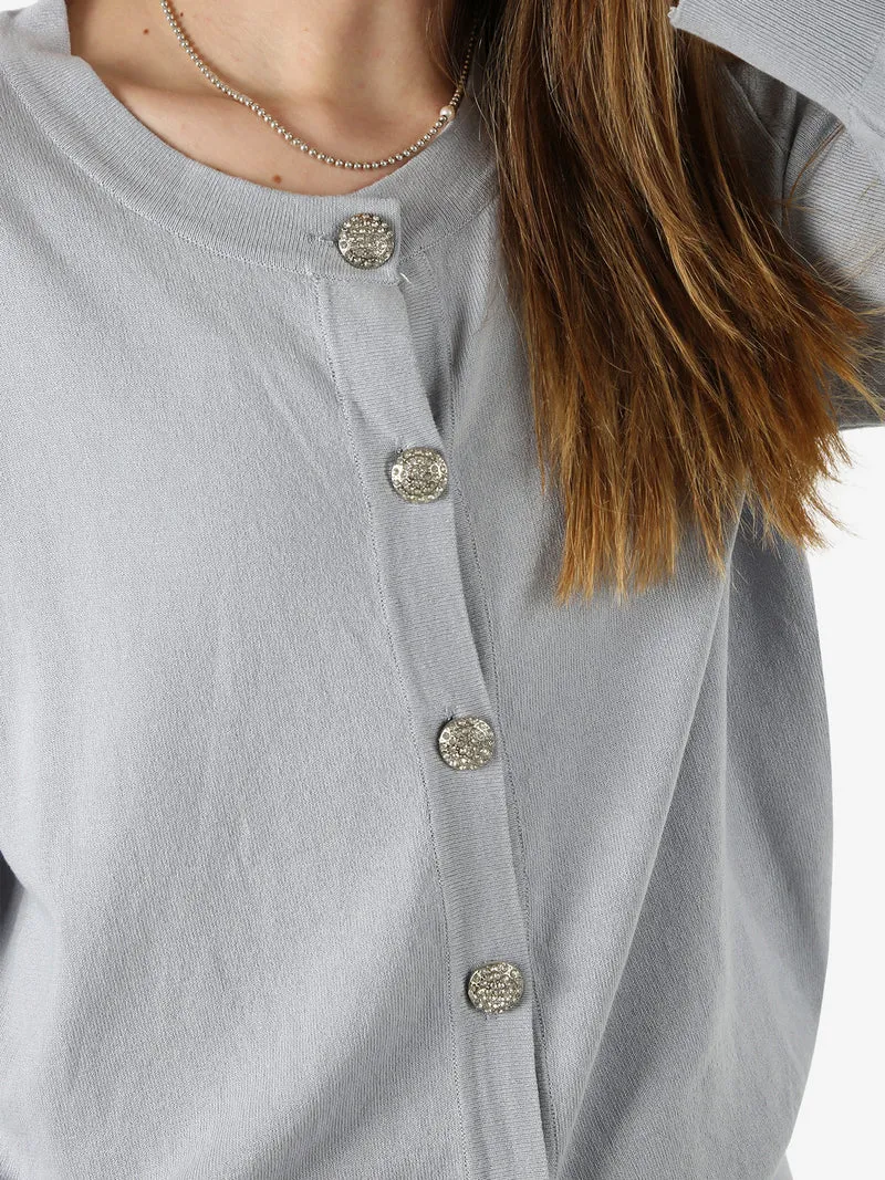 Cardigan donna in maglia con bottoni gioiello - grigio chiaro