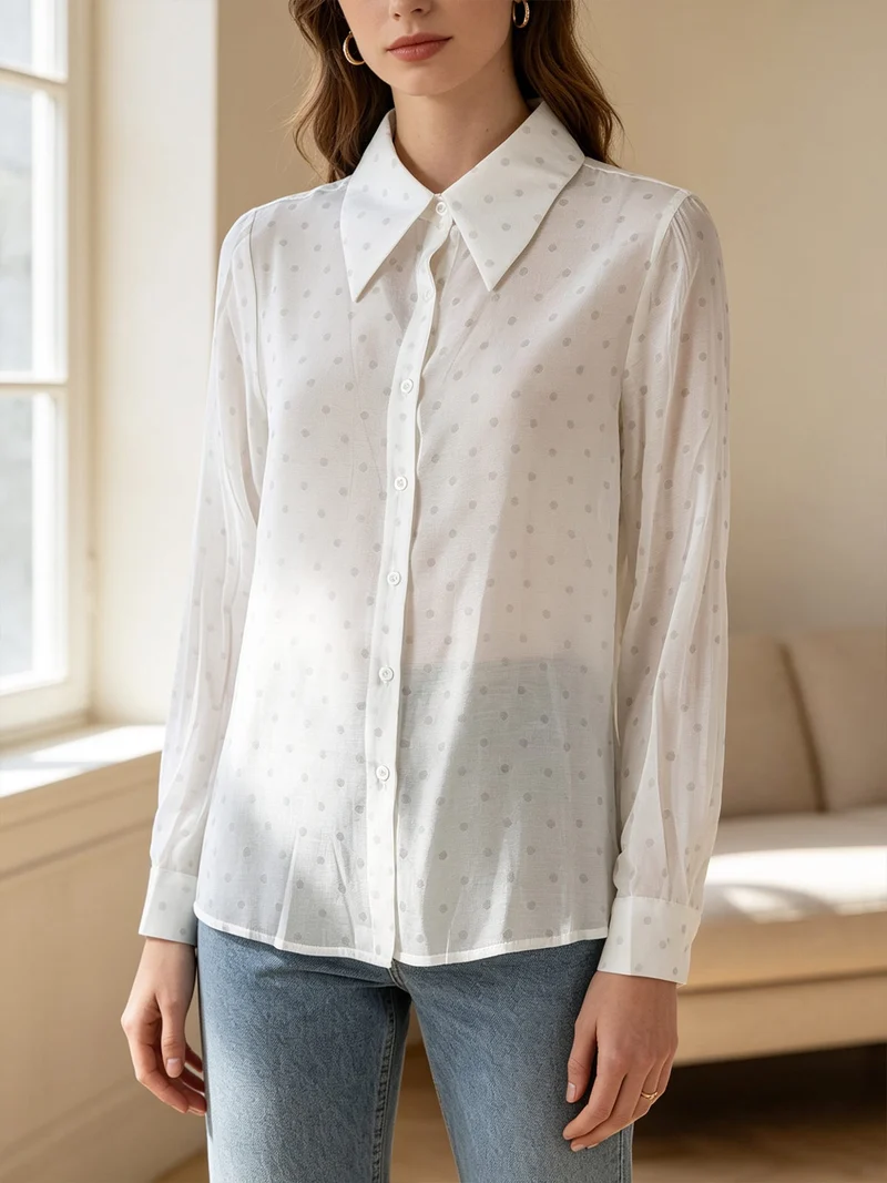 Camicia donna a maniche lunghe con stampa a pois - bianco