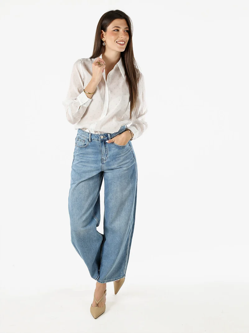 Camicia donna a maniche lunghe con stampa a pois - bianco