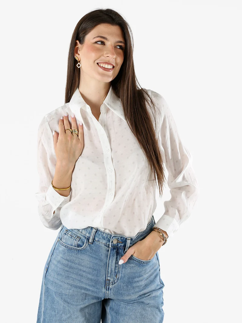 Camicia donna a maniche lunghe con stampa a pois - bianco