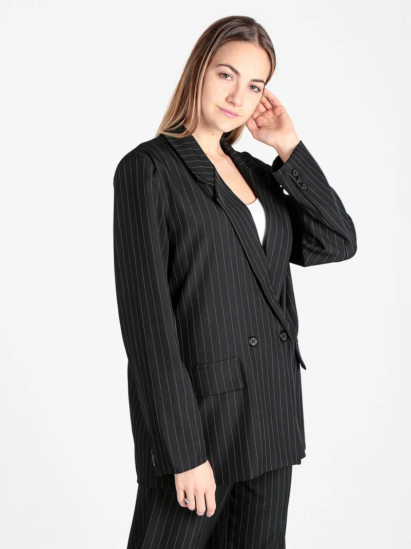 Blazer donna gessato con chiusura a doppio petto - nero