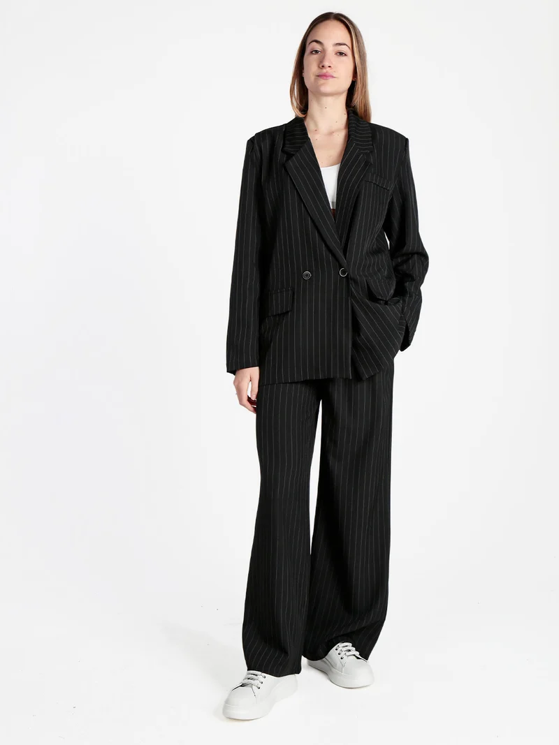 Blazer donna gessato con chiusura a doppio petto - nero