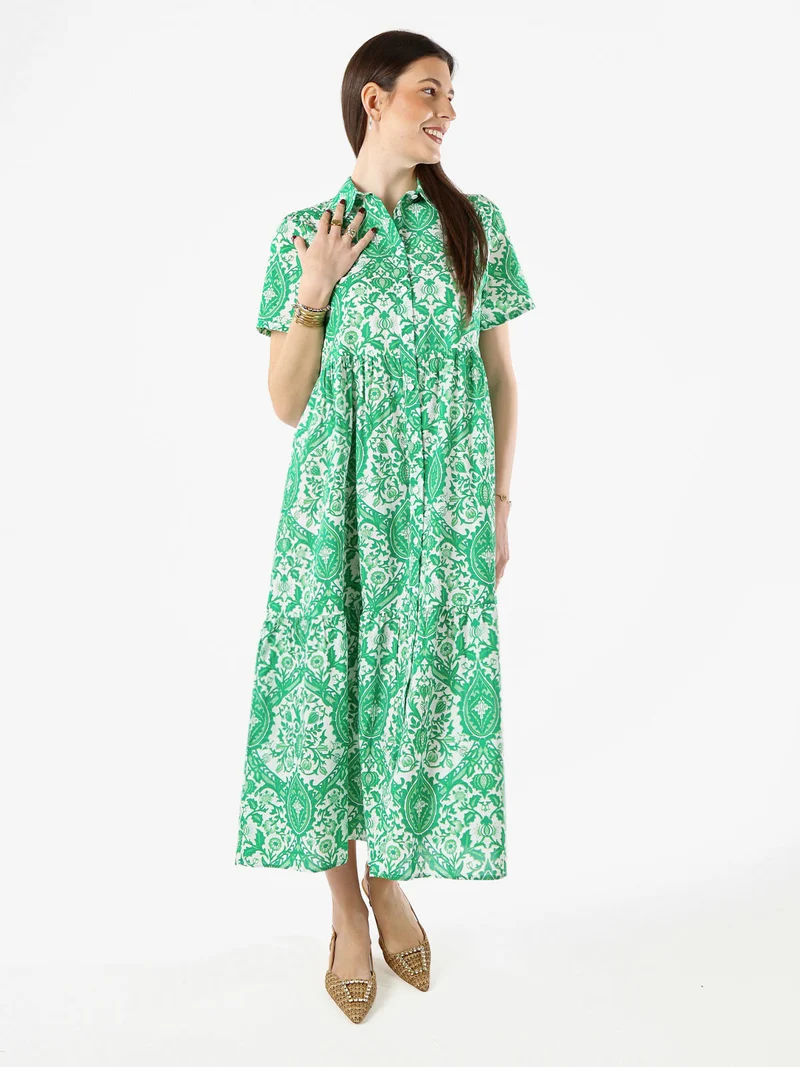 Abito lungo da donna a camicia in cotone con maniche corte - verde