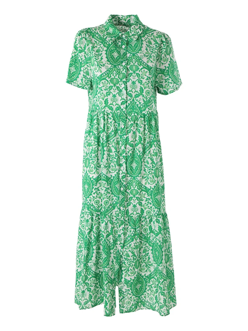 Abito lungo da donna a camicia in cotone con maniche corte - verde