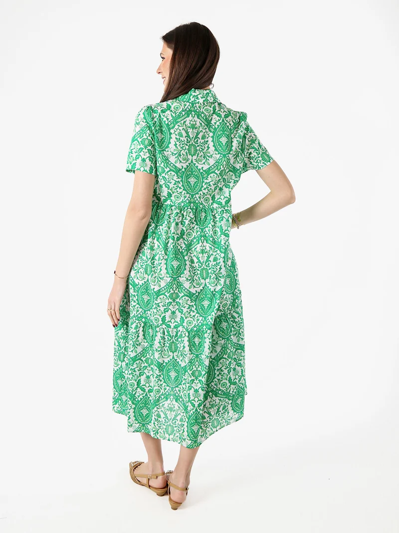 Abito lungo da donna a camicia in cotone con maniche corte - verde