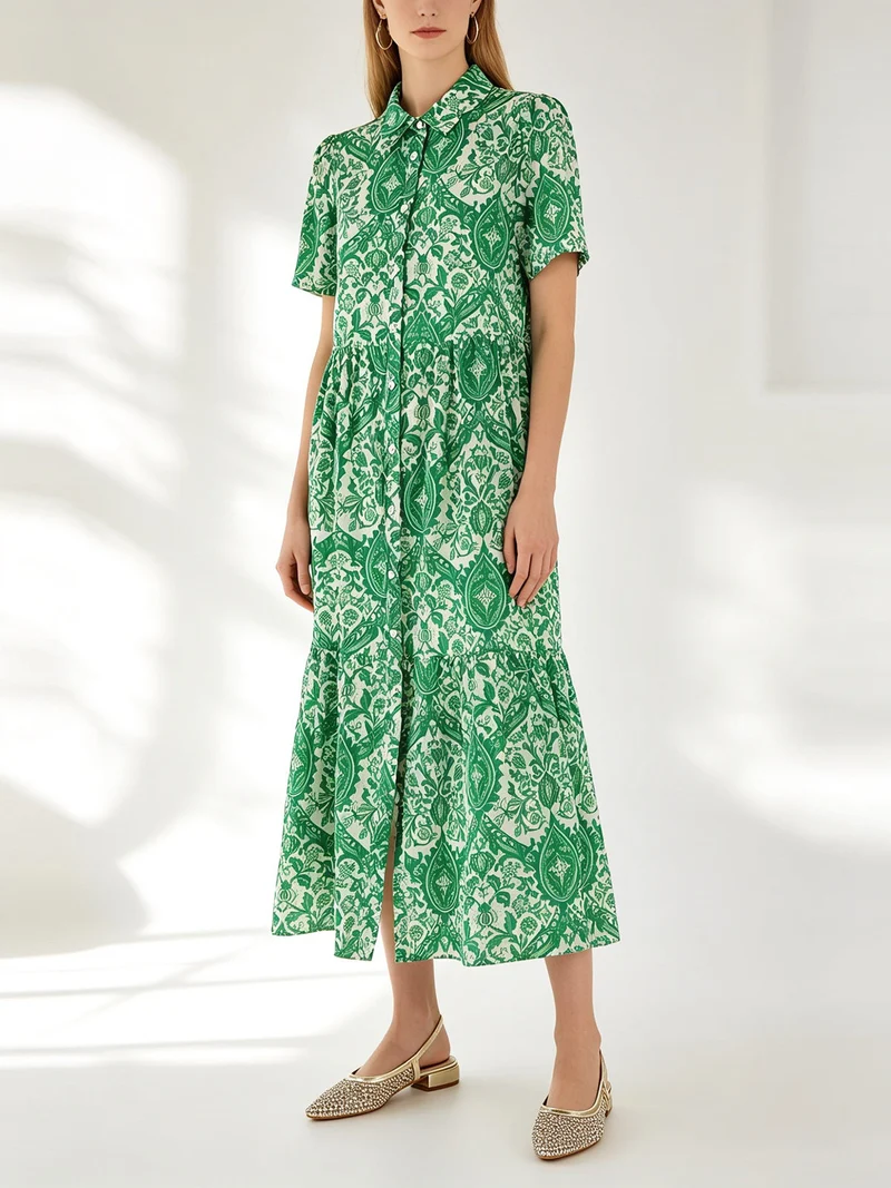 Abito lungo da donna a camicia in cotone con maniche corte - verde