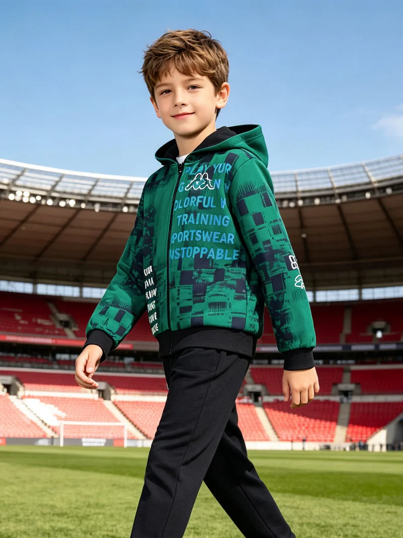 Completo da ragazzo 2 pezzi con cappuccio e zip - verde