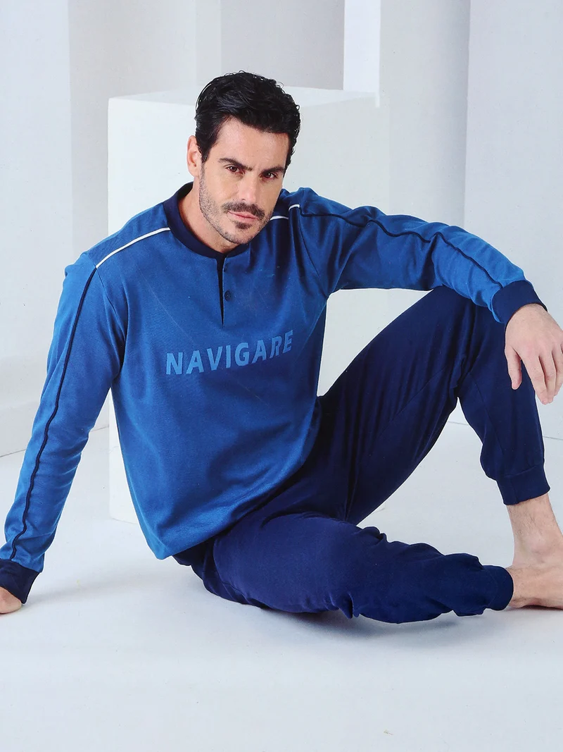 Pigiama lungo da uomo in cotone interlock - blu scuro