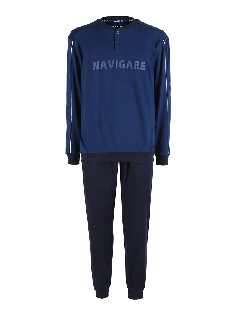 Pigiama lungo da uomo in cotone interlock - blu scuro
