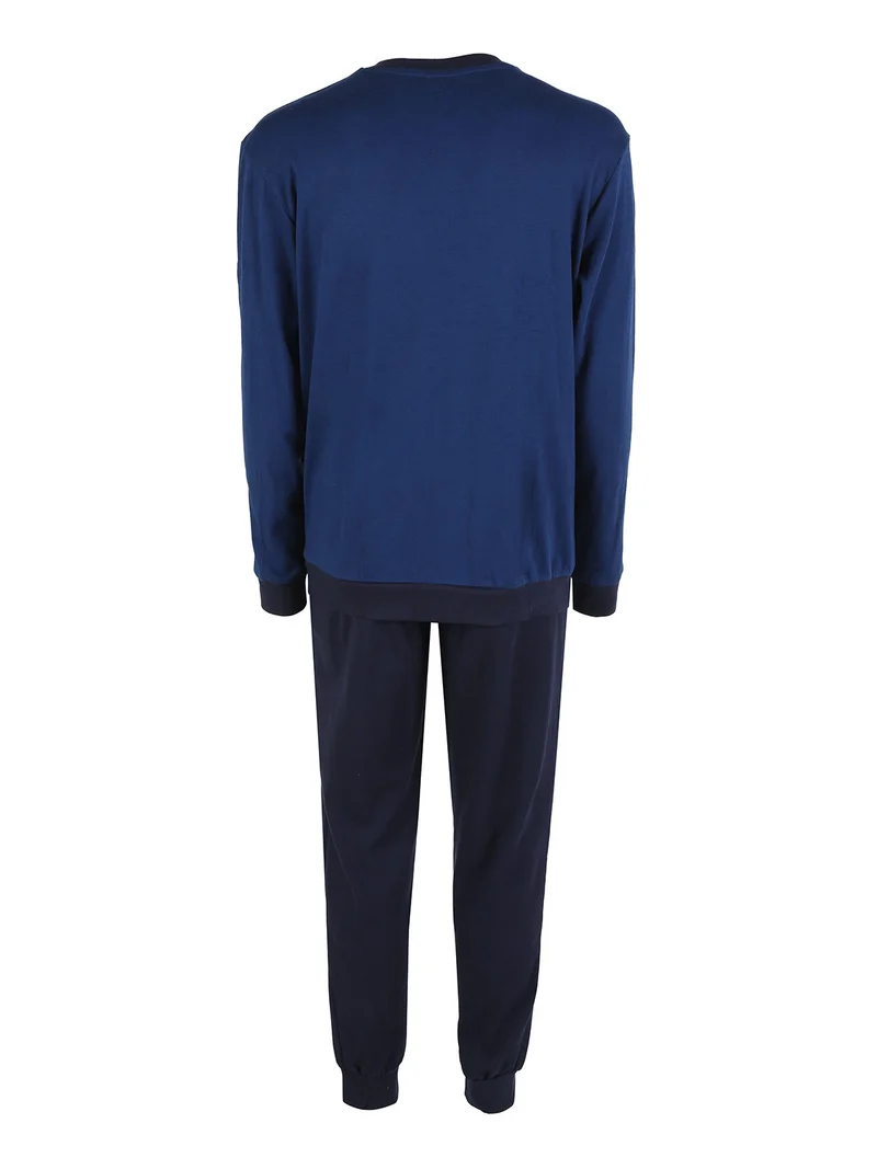 Pigiama lungo da uomo in cotone interlock - blu scuro