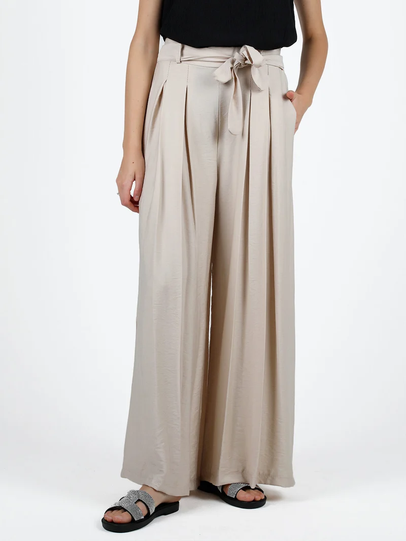 Pantaloni donna con vita alta elastica e gamba larga - beige