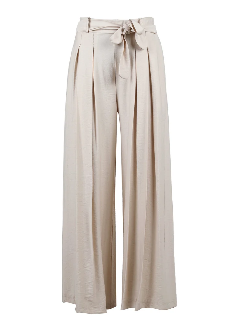 Pantaloni donna con vita alta elastica e gamba larga - beige