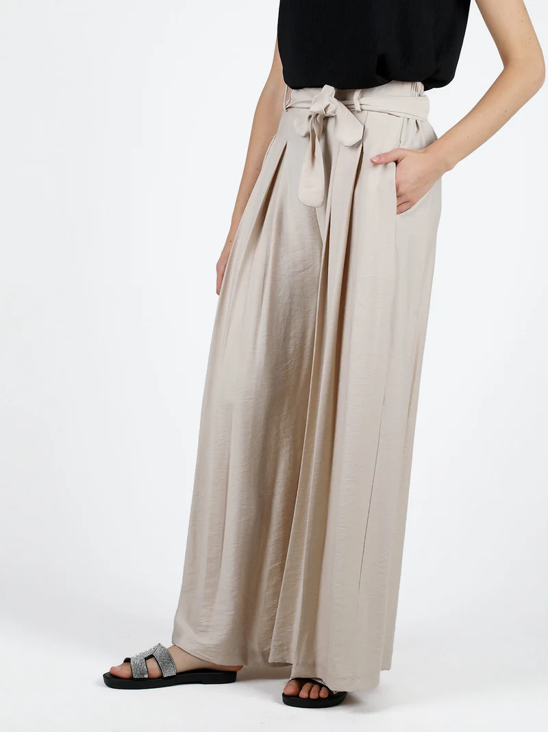 Pantaloni donna con vita alta elastica e gamba larga - beige