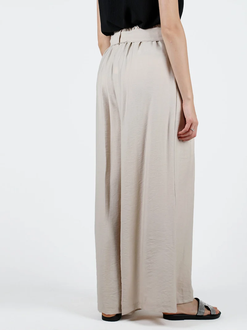 Pantaloni donna con vita alta elastica e gamba larga - beige