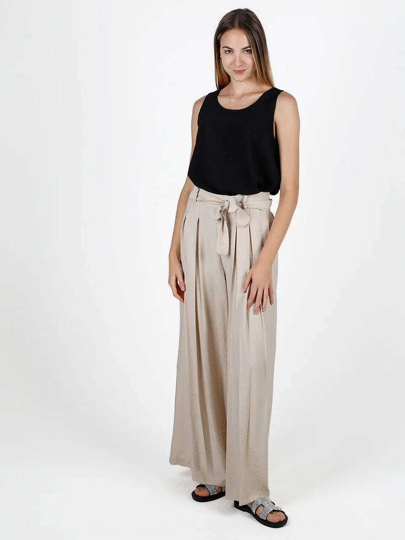 Pantaloni donna con vita alta elastica e gamba larga - beige