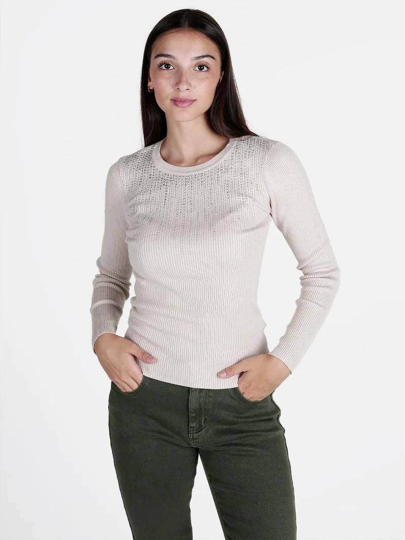 Maglia donna a costine con strass - beige