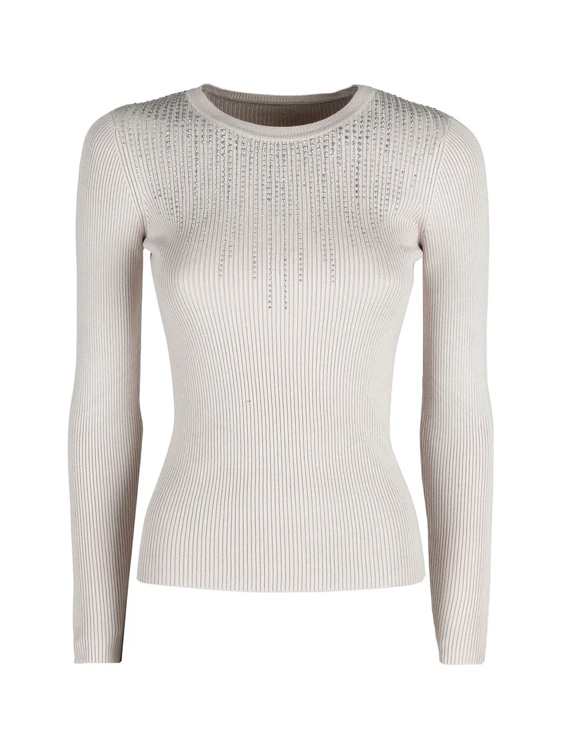 Maglia donna a costine con strass - beige