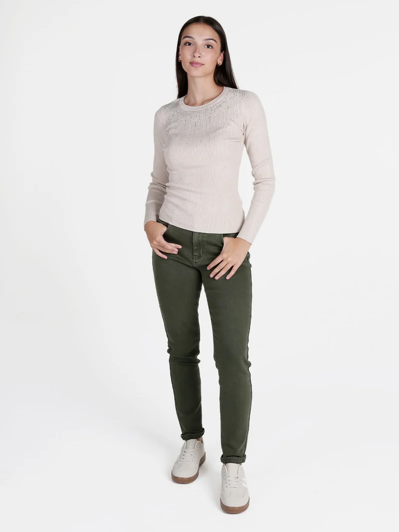 Maglia donna a costine con strass - beige