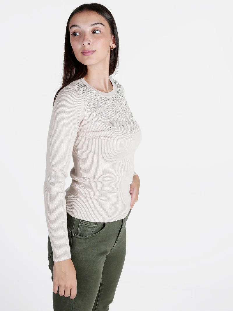 Maglia donna a costine con strass - beige
