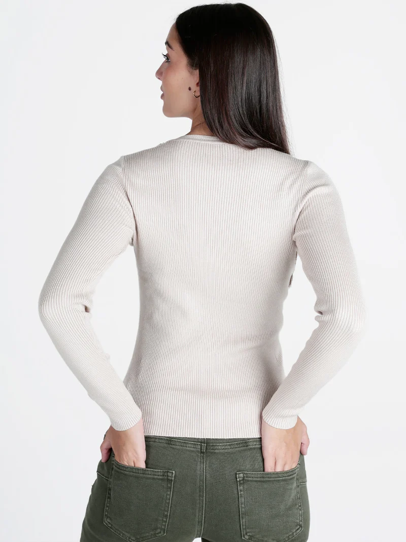 Maglia donna a costine con strass - beige