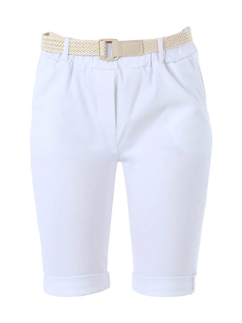 Bermuda donna in tessuto elasticizzato con cintura in corda - bianco