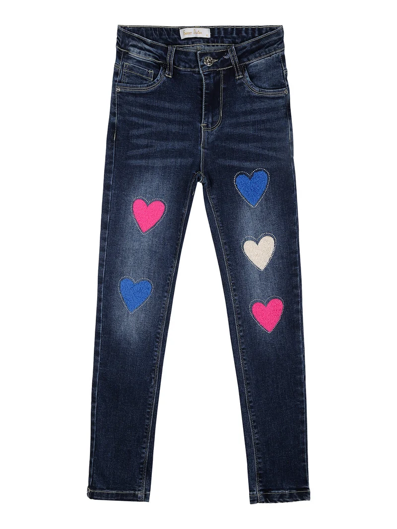 Jeans skinny da bambina con cuori di peluche e strass - jeans