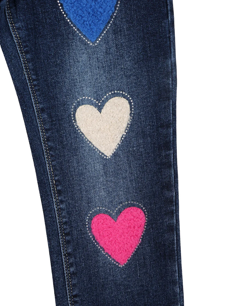 Jeans skinny da bambina con cuori di peluche e strass - jeans