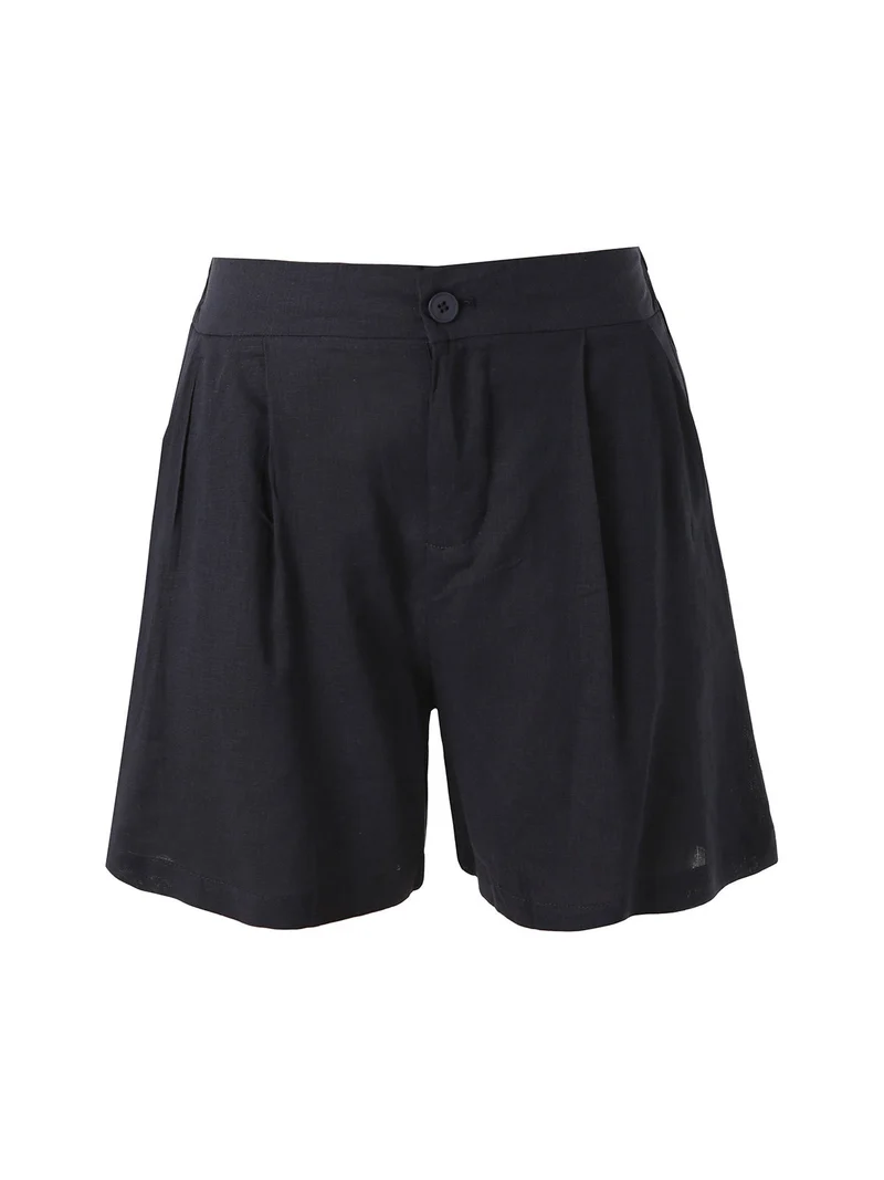 Shorts donna a vita alta in misto lino - blu scuro