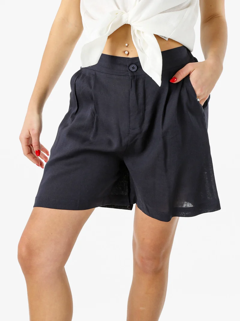 Shorts donna a vita alta in misto lino - blu scuro