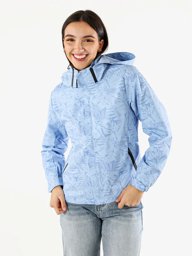 Giacca impermeabile da donna con cappuccio e zip - azzurro