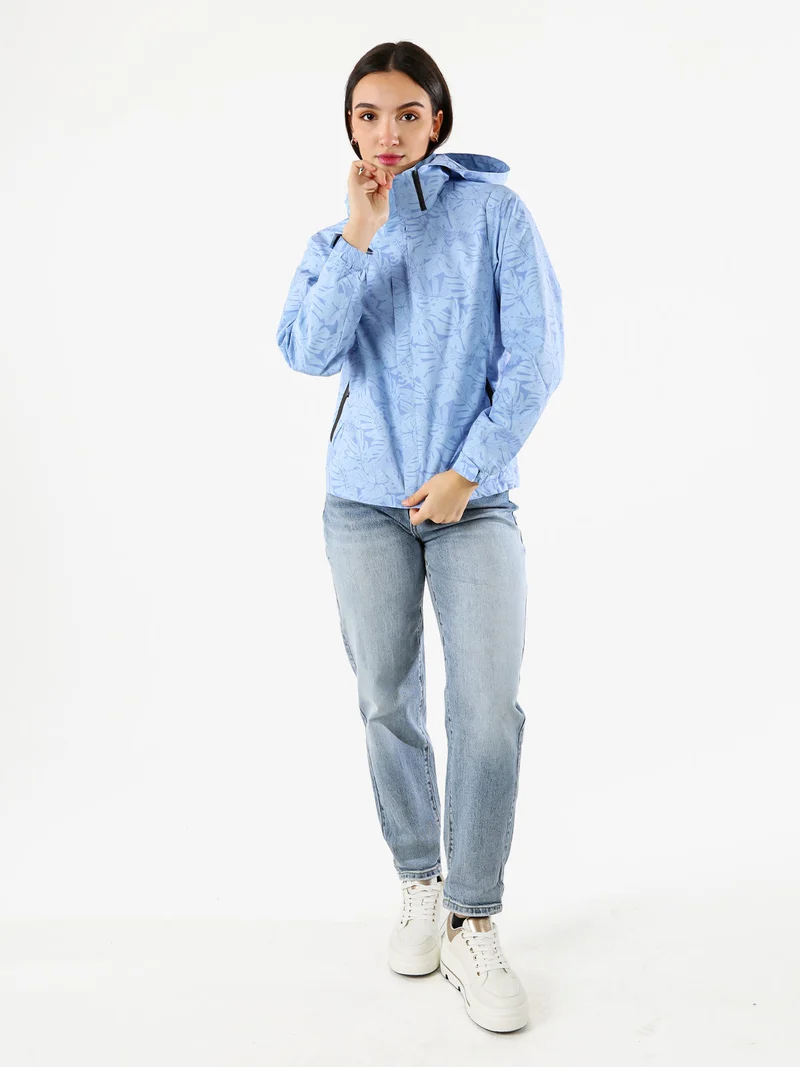 Giacca impermeabile da donna con cappuccio e zip - azzurro