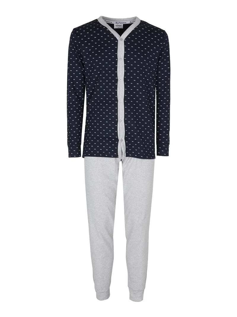 Pigiama aperto da uomo in cotone interlock - blu scuro