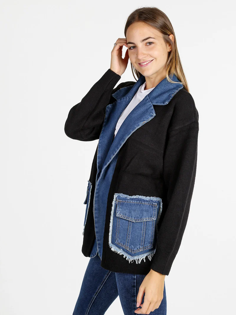 Cardigan donna in maglia con inserti jeans - nero