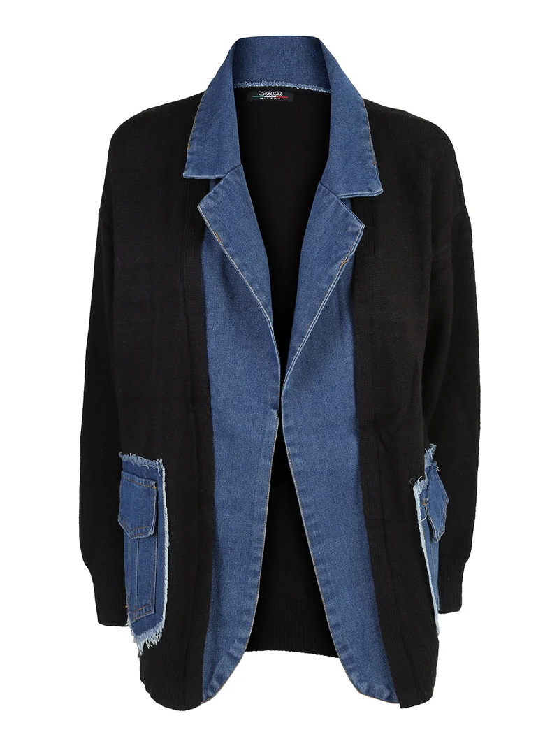 Cardigan donna in maglia con inserti jeans - nero