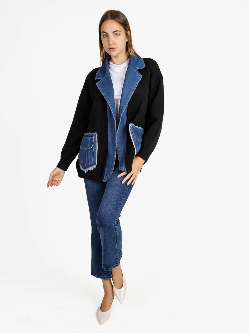 Cardigan donna in maglia con inserti jeans - nero