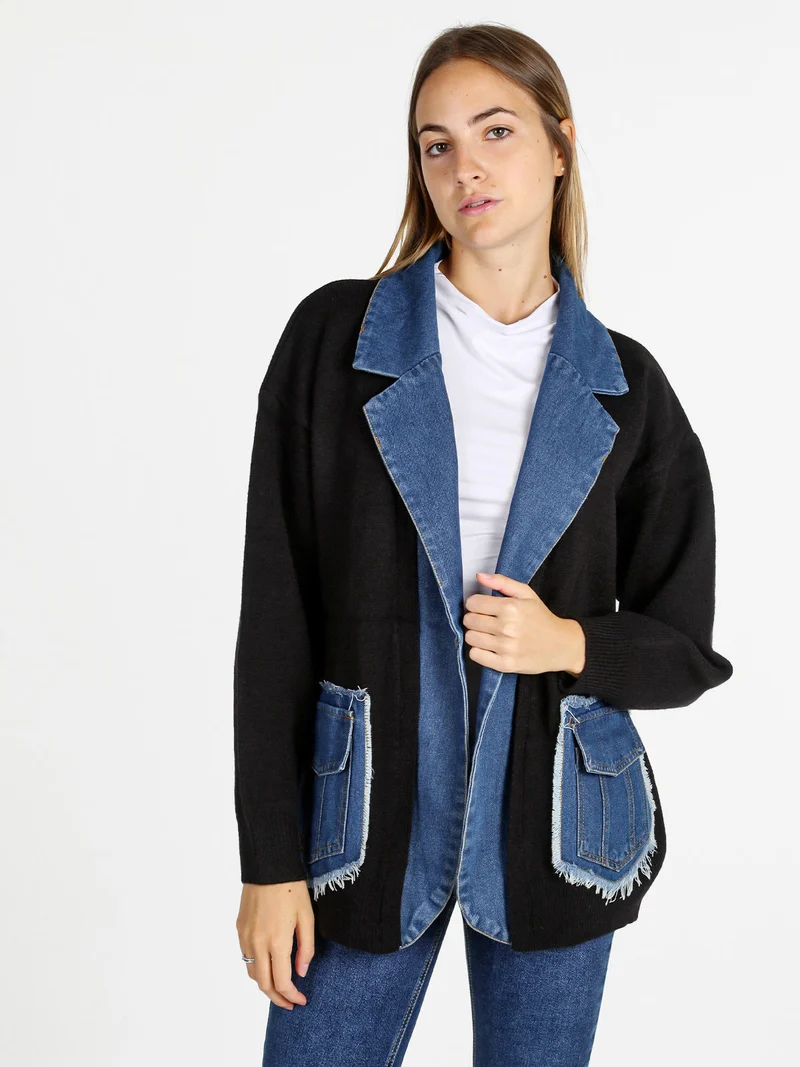 Cardigan donna in maglia con inserti jeans - nero