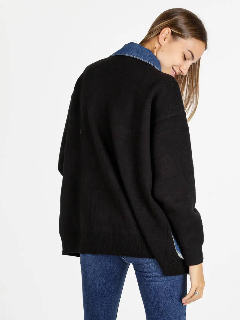 Cardigan donna in maglia con inserti jeans - nero