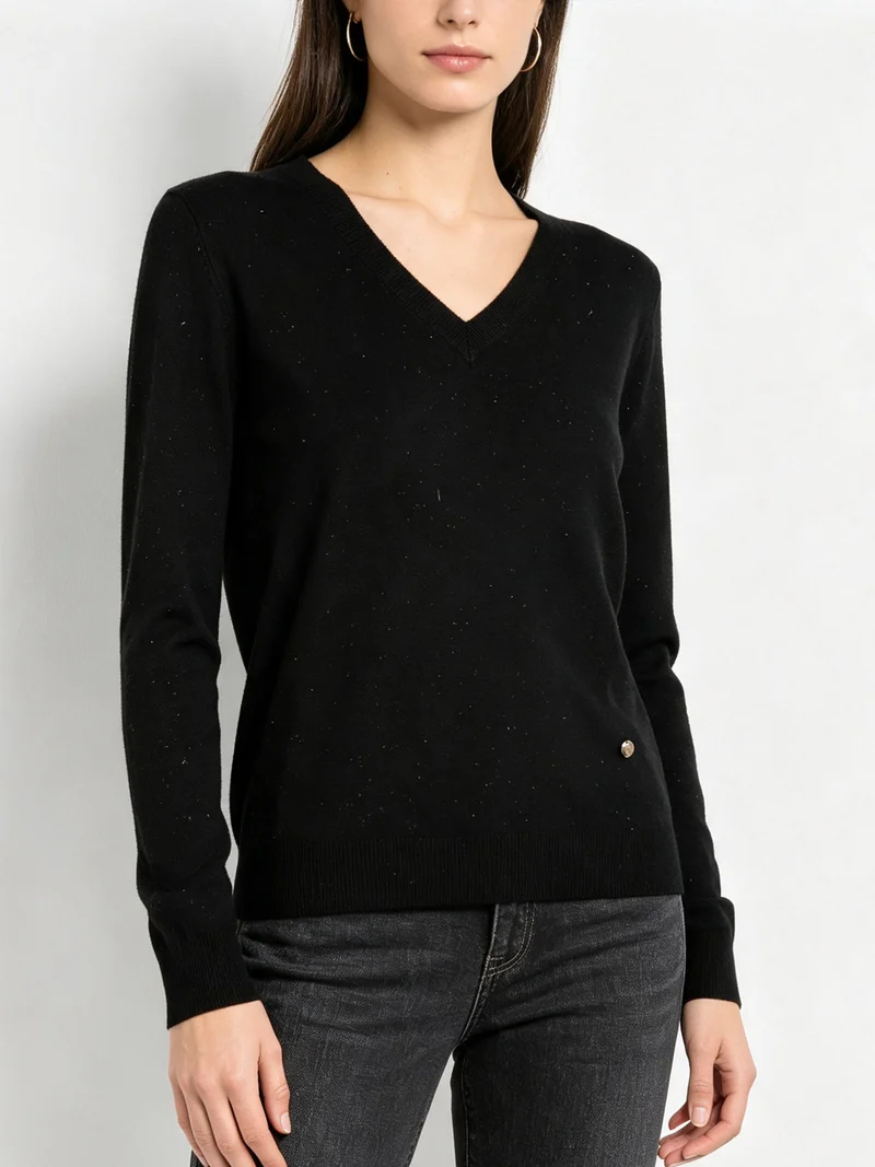 Pullover donna in maglia con scollo a V e dettagli lurex - nero