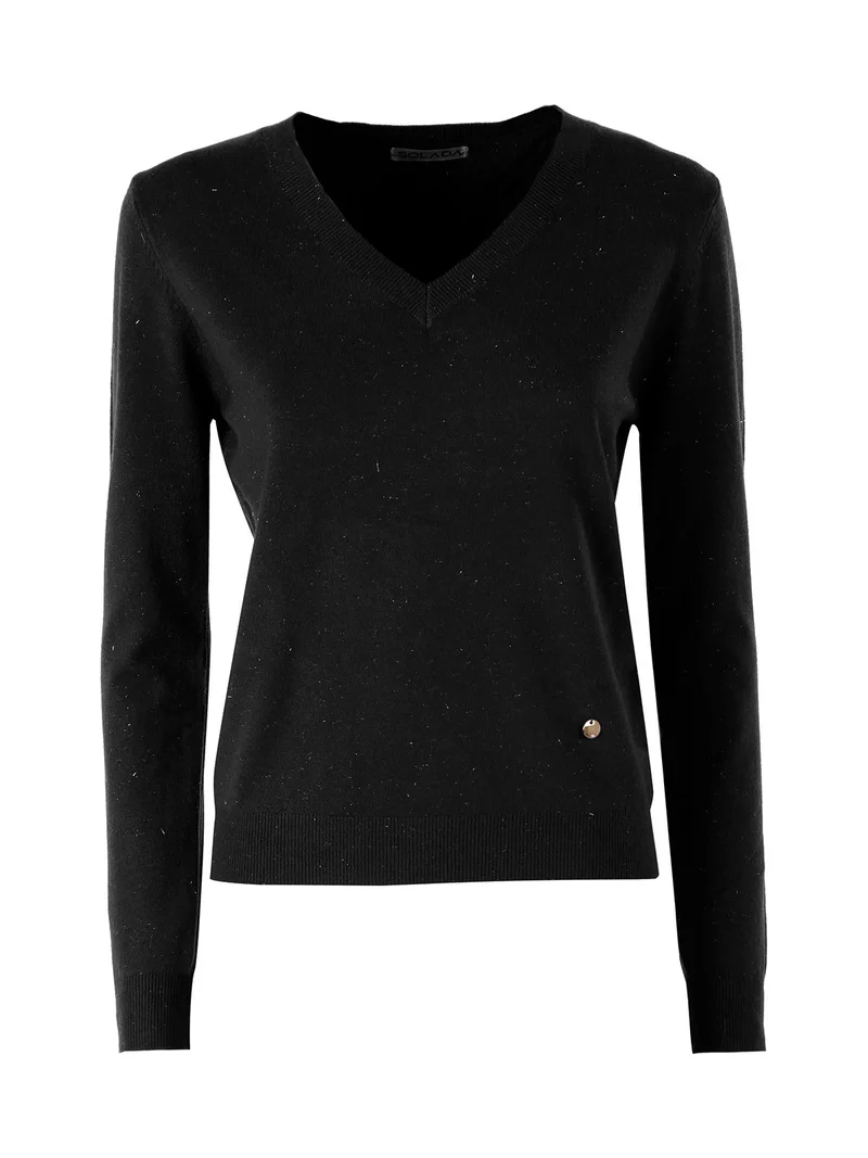 Pullover donna in maglia con scollo a V e dettagli lurex - nero