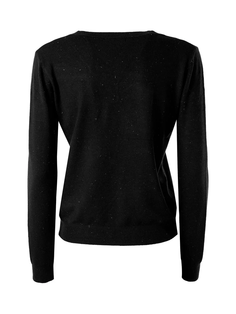 Pullover donna in maglia con scollo a V e dettagli lurex - nero