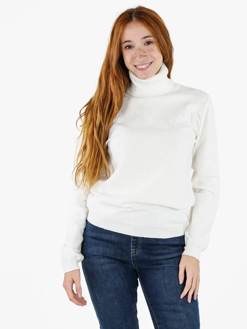 Pullover dolcevita donna con paillettes - bianco