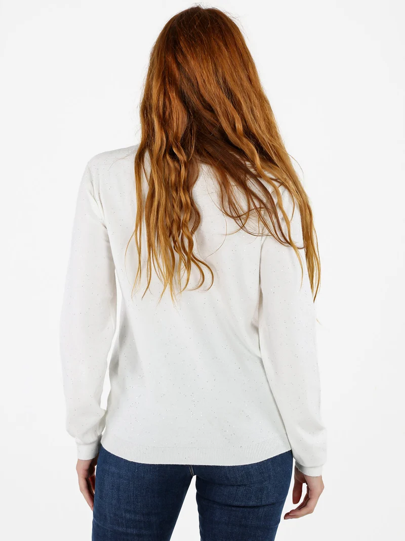 Pullover dolcevita donna con paillettes - bianco
