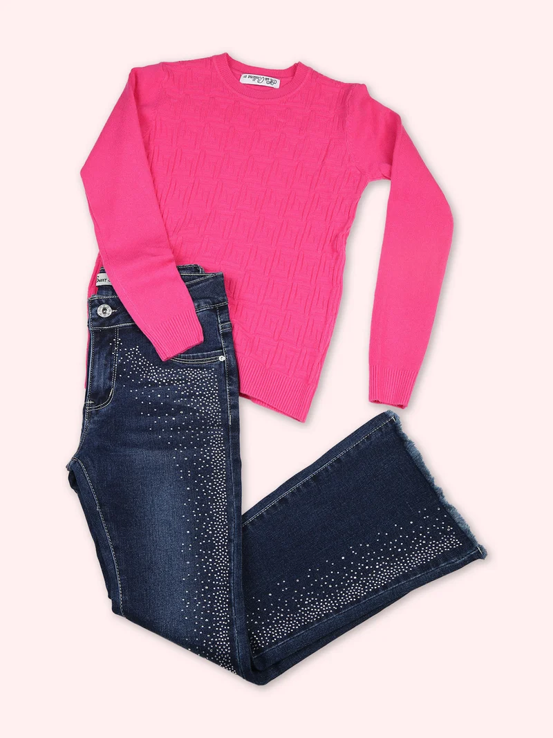 Pullover girocollo da bambina in maglia - fucsia