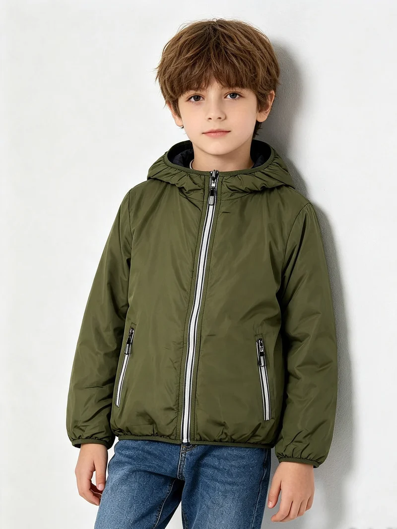 Giubbotto imbottito da bambino reversibile con cappuccio e zip - militare