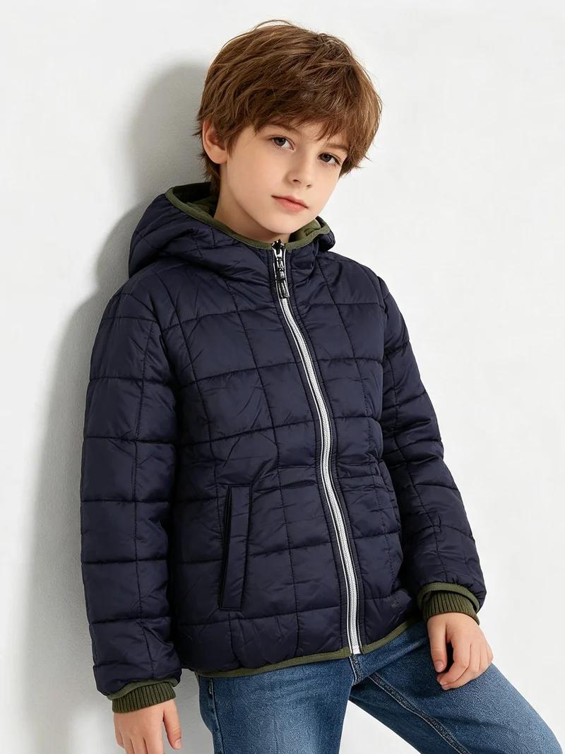 Giubbotto imbottito da bambino reversibile con cappuccio e zip - militare