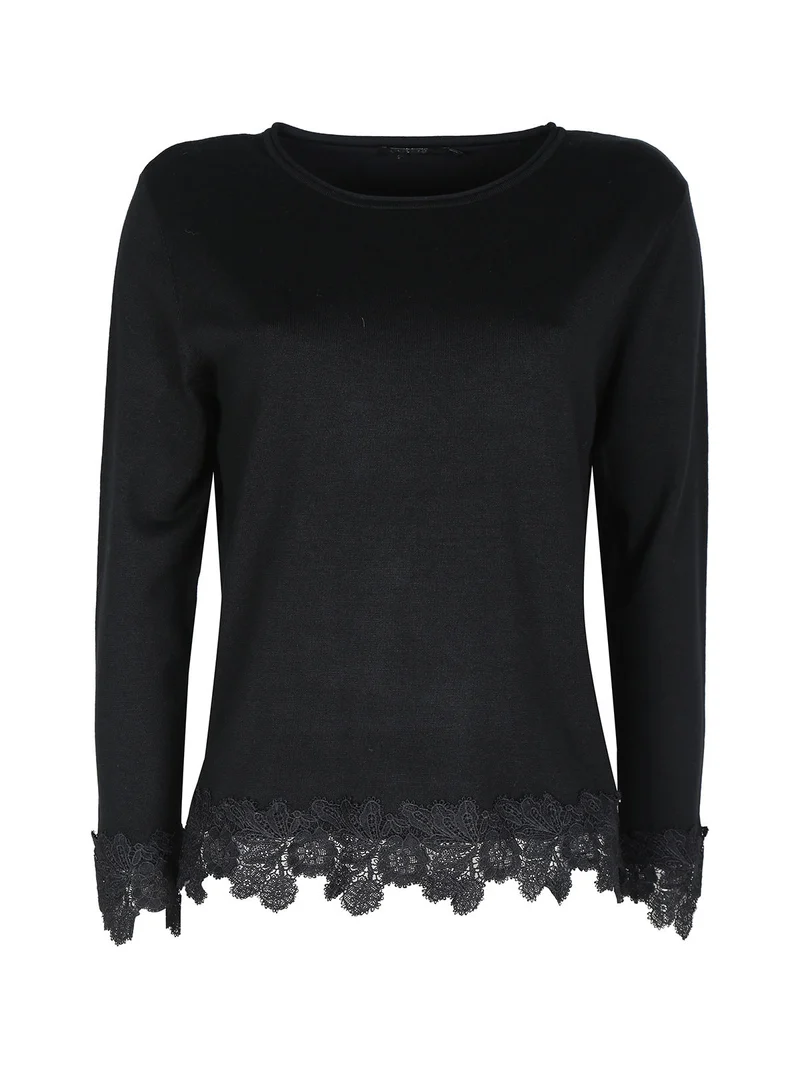 Maglia girocollo da donna con dettagli in pizzo - nero